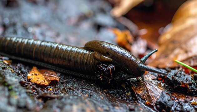 Macro view of a segmented slug-like creature crawling over damp leaf litter in a forest environment