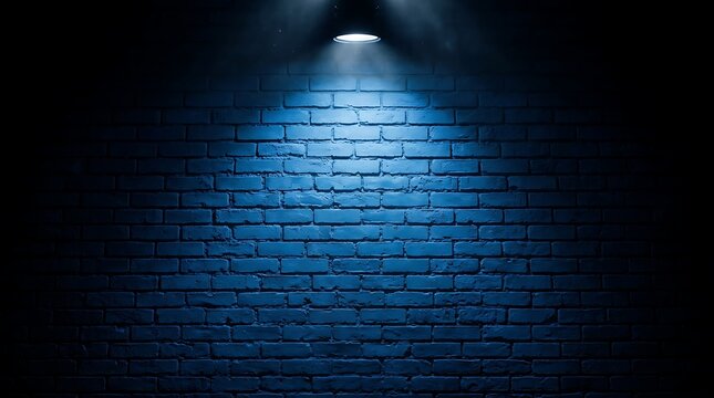 Dramatic blue spotlight on a dark brick wall background