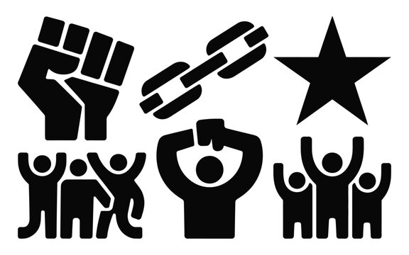 Set of protest symbols: clenched fist broken chain star and celebrating crowd.