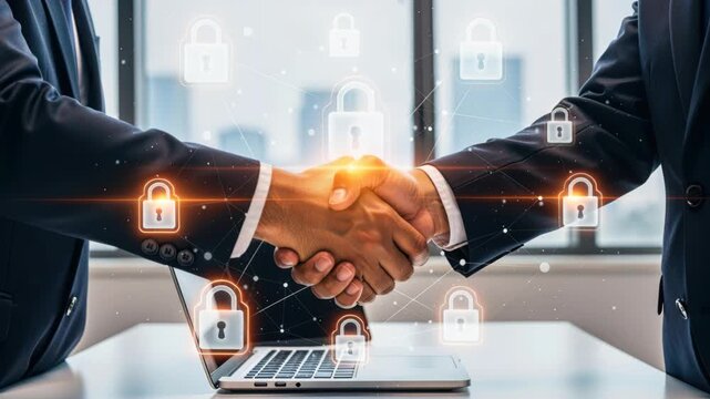 Secure Business Partnership: Two businessmen shake hands over a laptop, symbolizing a secure and trusted collaboration enhanced by digital security icons.