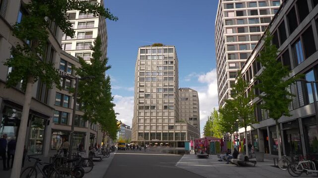 sunny day zurich city modern office walking street square slow motion panorama 4k switzerland