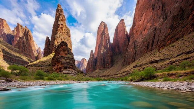 Majestic Canyon River: A turquoise river carves its path through a dramatic desert canyon, framed by towering sandstone cliffs under a vast, cloud-dappled sky.
