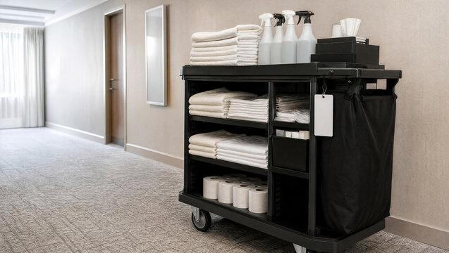Hospitality turnover supply cart with plain bottles