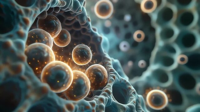 A microscopic scene shows a web of tubules and honeycomb-like textures with round cellular bodies, emitting teal and amber light as dynamic biological processes unfold in a fluid medium glows softly