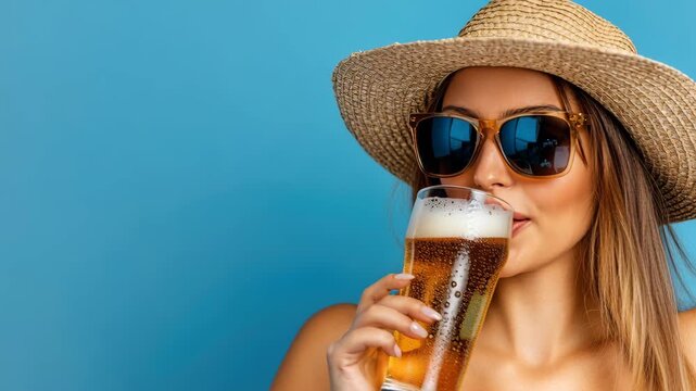 A young woman smiles, wearing a straw hat and sunglasses, as she holds and drinks a refreshing glass of golden beer. She stands against a vibrant blue background, enjoying a summer moment