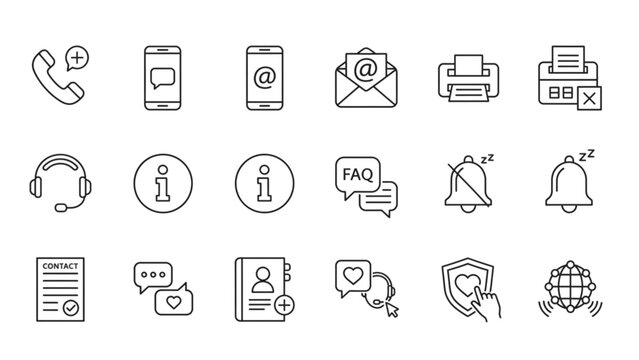 Contact us and customer support line icon set including telephone email message chat printer faq information isolated vector illustration