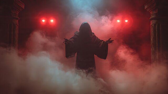 Realistic Dark Magician Performing a Scary Trick in Foggy Light
