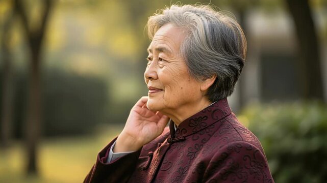 Serene Senior: A dignified elderly woman with grey hair and a kind smile, looking into the distance with a thoughtful expression, bathed in the soft light of an autumn afternoon.