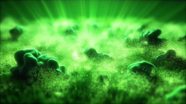 A surreal green meadow glows beneath radiant beams, with clustered fungus-like shapes protruding from misty grass.Ethereal light pierces the fog, casting emerald halos over an otherworldly landscape