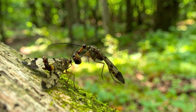 Two Scorpionflies Engage in Intricate Courtship Ritual Amidst Lush Forest Foliage