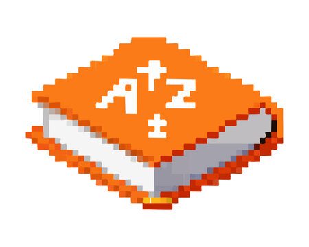 Opened orange educational textbook with bookmark displaying alphabet characters for creative learning school assignment digital library software interface gaming item