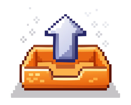 Orange inbox tray container with upward arrow for email outbox file export data submission software application menu interface pixel art