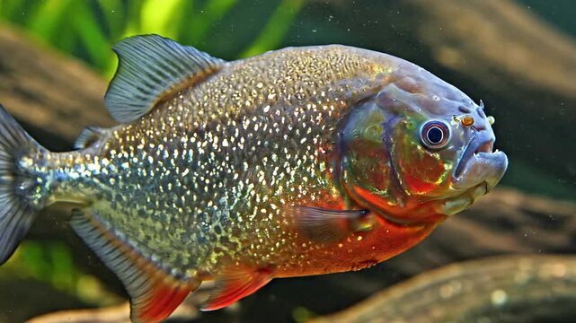 Close-Up View of a Vibrant Piranha Swimming in Its Natural Aquatic Habitat with Rich Green Background