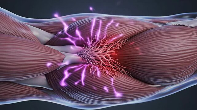 Close-Up View Of Human Muscle Fibers Exhibiting Electrical Impulses And Energy Bursts In A Healthcare Context