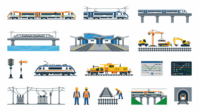 Modern railway transportation and train infrastructure flat vector icon set.