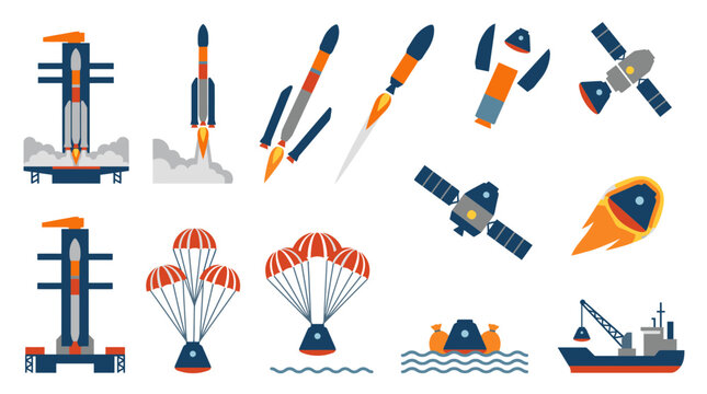 Rocket launch sequence and space mission icons depicting takeoff separation and landing.