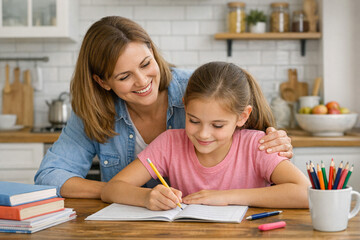 Fototapeta premium Woman and child learning at home