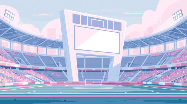 Illustration showing a large soccer stadium with empty field and a big digital screen for sports events