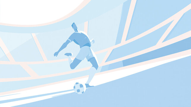 Minimalist blue illustration of a professional football player kicking a soccer ball inside a large modern stadium during a match