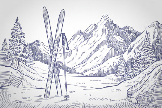Hand drawn ink sketch of majestic mountain range with ski equipment poles and pine trees in winter landscape scene for travel art.