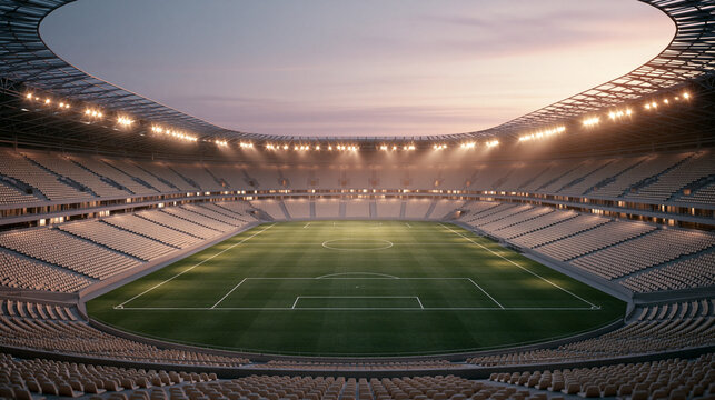 A wide view of a large modern sports stadium with bright lights shining over an empty green grass field at sunset