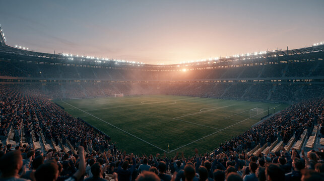 Large crowd of fans watches a football match in a big stadium during a bright sunset with glowing lights