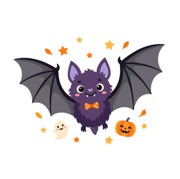 vector illustration of cute cartoon bat with tiny fangs and wings, halloween theme, isolated on white