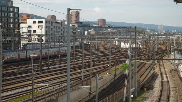 sunny day zurich city train railways traffic rooftop panorama 4k switzerland