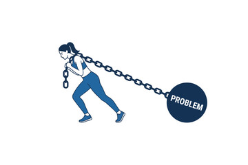 Fototapeta premium Woman Pulling Heavy Problem Weight with Iron Chain
