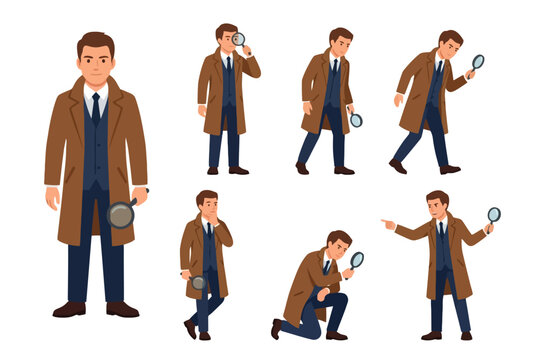 Detective Character Set Holding Magnifying Glass in Various Poses