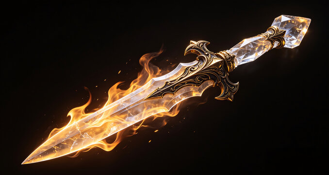 Transparent crystal dagger with golden ornaments and fiery flames on black background