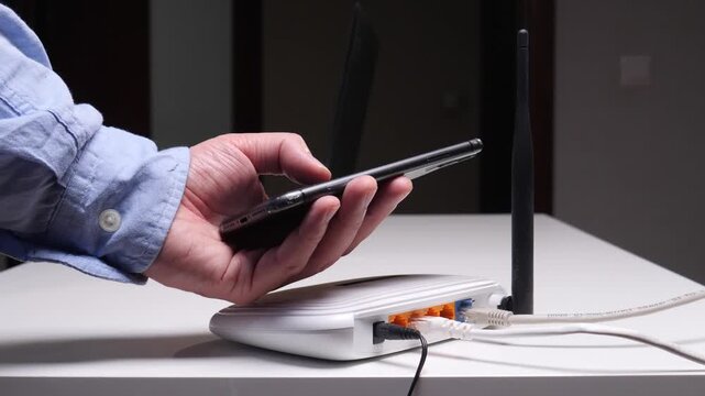 Person's hand interacting with a smartphone screen while configuring a white wireless router with lan and power cables connected, showing home internet setup