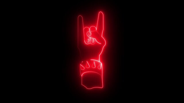glowing neon rock and roll hand icon animation on black background. hand icon. neon Hand gesture signifying rock music in style. club sign board.4k black background. rock and roll hand icon.