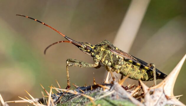 Assassin bug poised to strike on thorny foliage, extreme close-up revealing intricate details of its predatory form.