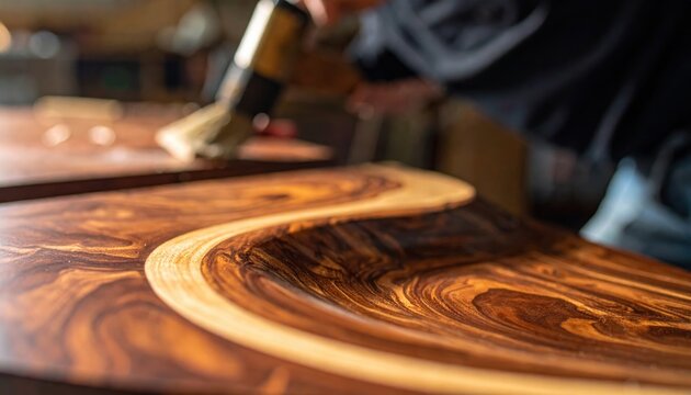 Artisan carefully applying finish to smoothly carved wooden furniture with flowing grain pattern