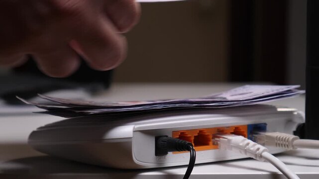 Hand placing cash money onto a home wi fi router, symbolizing the financial cost of internet services, data consumption, and global network connections