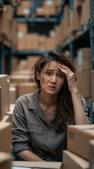 Fototapeta premium Overwhelmed in Storage: A woman with a distressed expression clutches her head amidst rows of stacked cardboard boxes, evoking feelings of pressure and exhaustion.