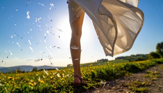 Dandelion seeds drift on a gentle breeze across a sun-drenched field, a woman's legs visible