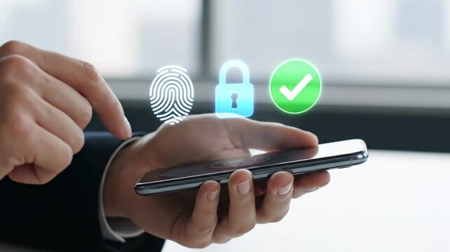 Hand holding smartphone with glowing blue security padlock.