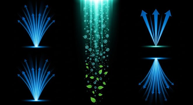 Blue light arrows and green floating leaves with bubbles on black background