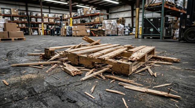 A Broken Wooden Pallet Lying in Debris on a Warehouse Floor