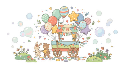 Naklejka premium A whimsical illustration of a bear and a rabbit pulling a colorful cart filled with many festive balloons through a flowery meadow with bubbles.