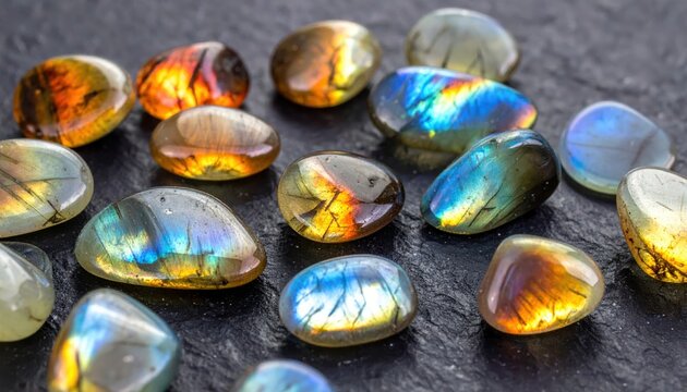 Collection of small tumbled labradorite gemstones displaying iridescent flashes of color on a dark surface