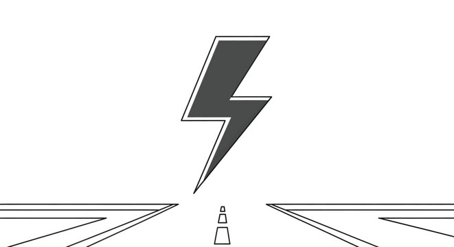 A stylized lightning bolt symbol above a road splitting into multiple paths, representing choice, power, and direction.