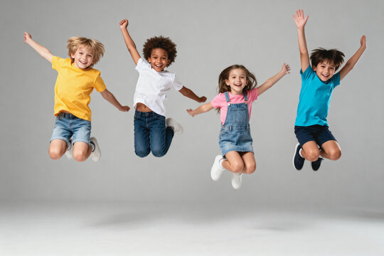 A studio portrait of four diverse joyful children jumping mid-air with raised arms, all wearing casual daily clothing against a plain grey background.