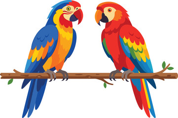 Naklejka premium Vector illustration of two beautiful colorful macaw parrots perched together on a wooden tree branch isolated on a white background