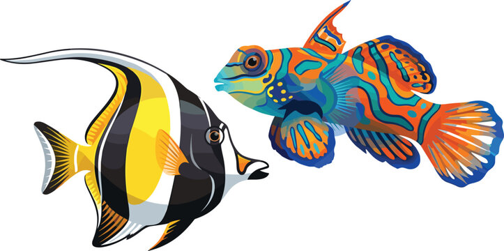 Vector illustration of colorful mandarinfish and moorish idol fish isolated on a white background