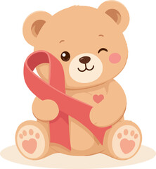 Fototapeta premium Cute Teddy Bear Holding Red Awareness Ribbon Support Character 