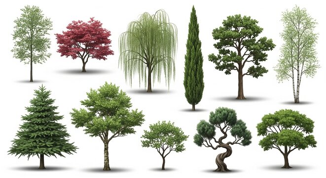 Collection of various isolated deciduous and coniferous trees on white