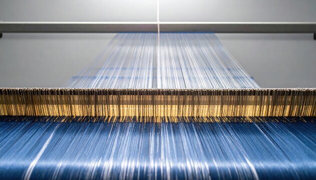 Intricate Metallic Threads Weaving into Shimmering Blue Fabric in Industrial Process